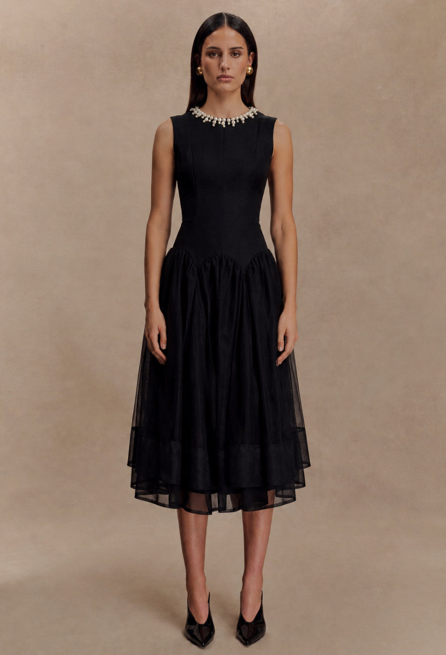 Darla Black Flowy Midi Dress for Wedding Guests, black midi dress wedding guest​, black formal dress midi​