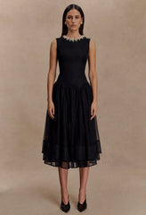 Darla Black Flowy Midi Dress for Wedding Guests, black midi dress wedding guest​, black formal dress midi​