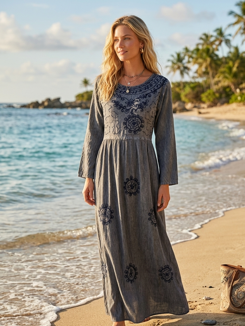 90s Gray Crinkle Rayon Boho Maxi Dress – Embroidered Long Sleeve Fairy Dress, L