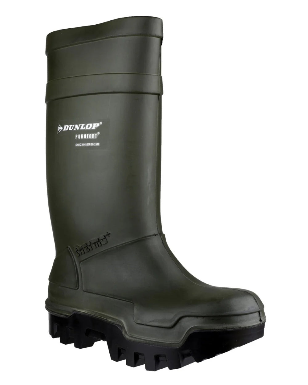 Green coloured Dunlop Purofort Thermo+ Full Safety Wellington on white background #colour_green