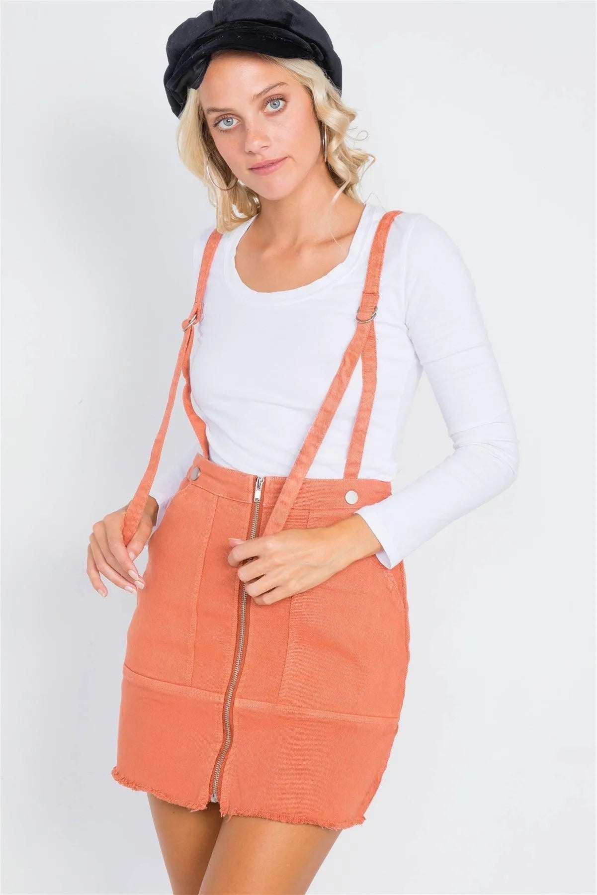 Marsala Front Zipper Adjustable Suspender Jean Skirt /3-2-1 - Tasha Apparel Wholesale