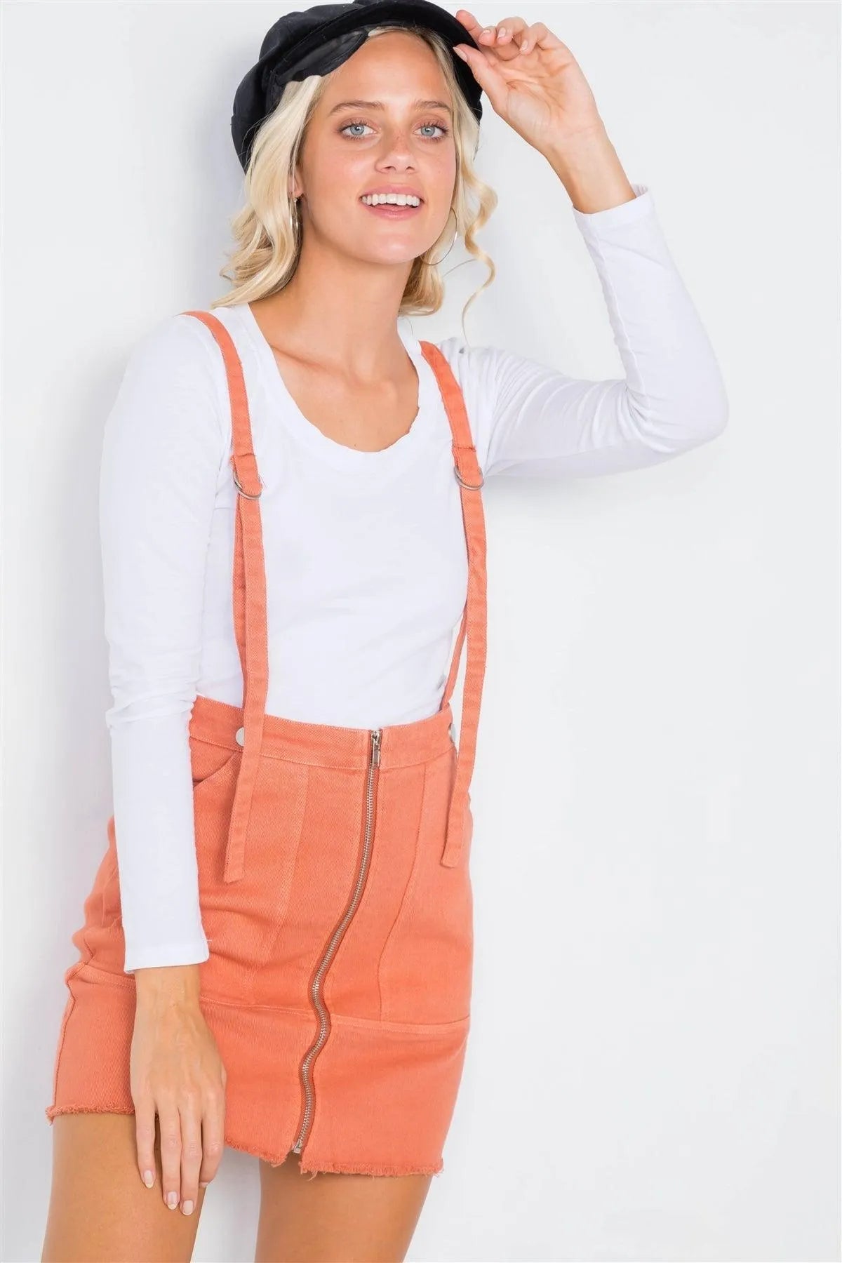 Marsala Front Zipper Adjustable Suspender Jean Skirt /3-2-1 - Tasha Apparel Wholesale