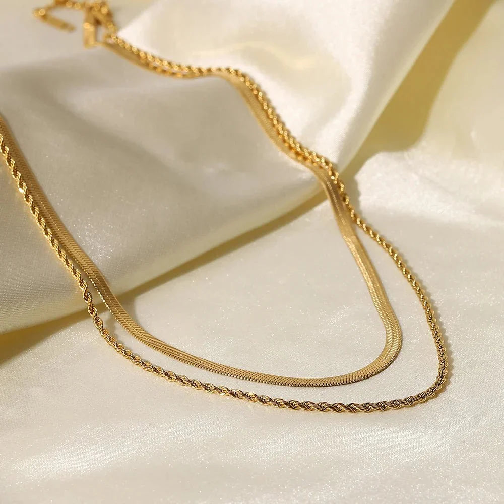 18K Layered Herringbone and Rope Chain Necklace