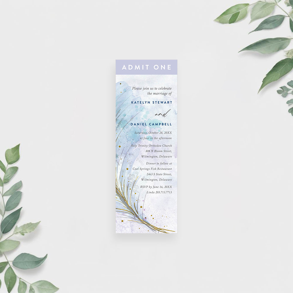 Wedding Celebration Ticket Invitation Card with Watercolor Feather-Like Foliage Design, Lavender and Blue Wedding Ticket Invites