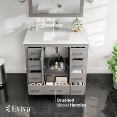 Eviva Hampton 36 in. W. x 18 in. D x 34 in. H Bathroom Vanity in Gray with White Quartz Vanity Top and White Undermount Sink