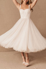Exclusive White Wedding Dresses T-Length A-Line Sweetheart Pearls Spaghetti Straps Tea Length Bridal Dress-Dbrbridal