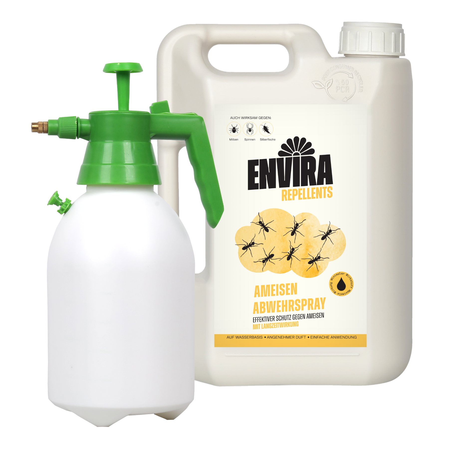 Envira Ameisen Abwehrspray: Sprühflasche mit grünem Griff, weißem Behälter, Etikett mit Ameisen und gelber Grafik, Schraubverschluss.