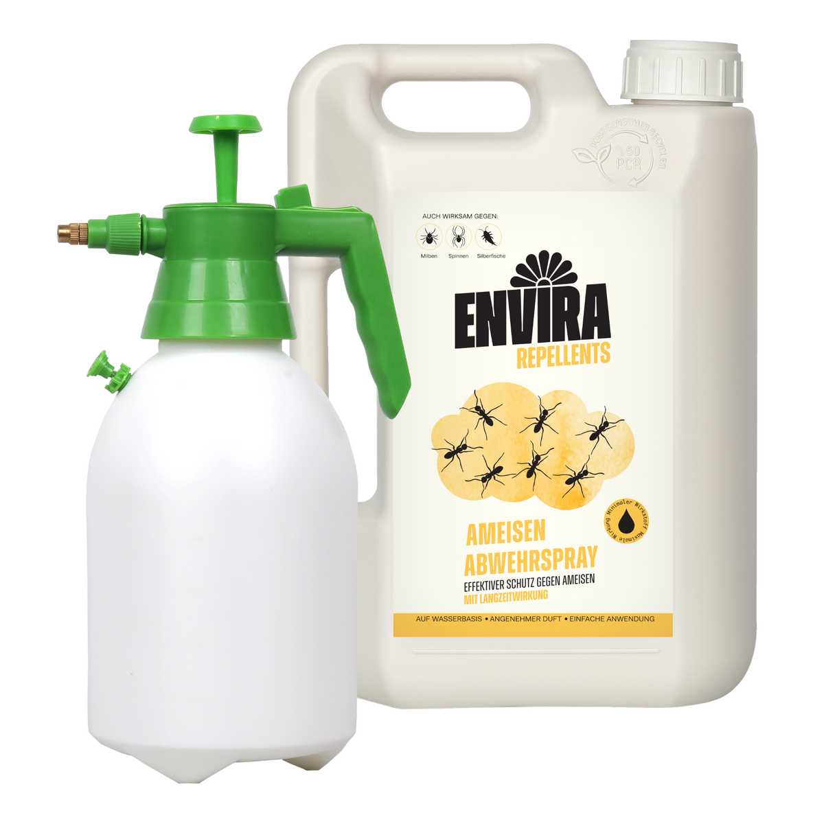 Envira Ameisen Abwehrspray: Sprühflasche mit grünem Griff, weißem Behälter, Etikett mit Ameisen und gelber Grafik, Schraubverschluss.