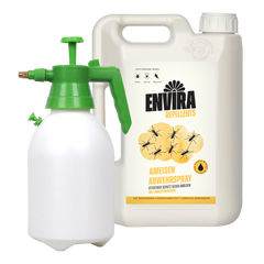 Envira Ameisen Abwehrspray: Sprühflasche mit grünem Griff, weißem Behälter, Etikett mit Ameisen und gelber Grafik, Schraubverschluss.