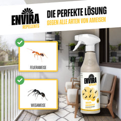 Envira Ameisen Abwehrspray mit Drucksprüher, Ameisenbilder, Häkchen-Symbole, Pflanzen, Balkon, Geländer, Stühle im Hintergrund.