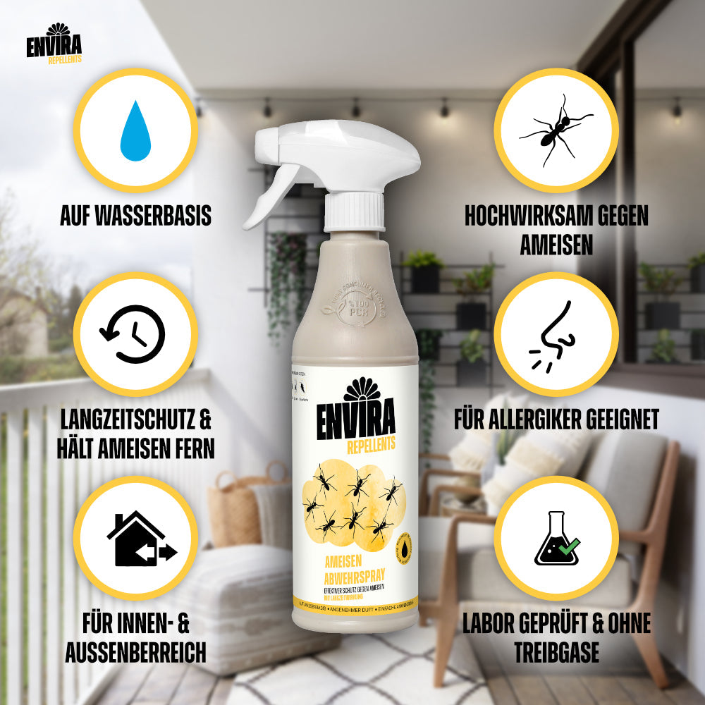 Envira Ameisen Abwehrspray mit Drucksprüher, Ameisen- und Schutzsymbole, für Innenräume und Balkon, Pflanzen im Hintergrund.