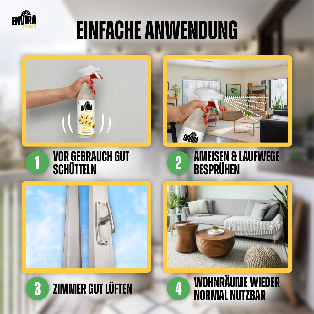 Envira Ameisen Abwehrspray mit Druckspruher im Wohnzimmer, Hand sprüht an Fenster neben Sofa und Pflanzen.
