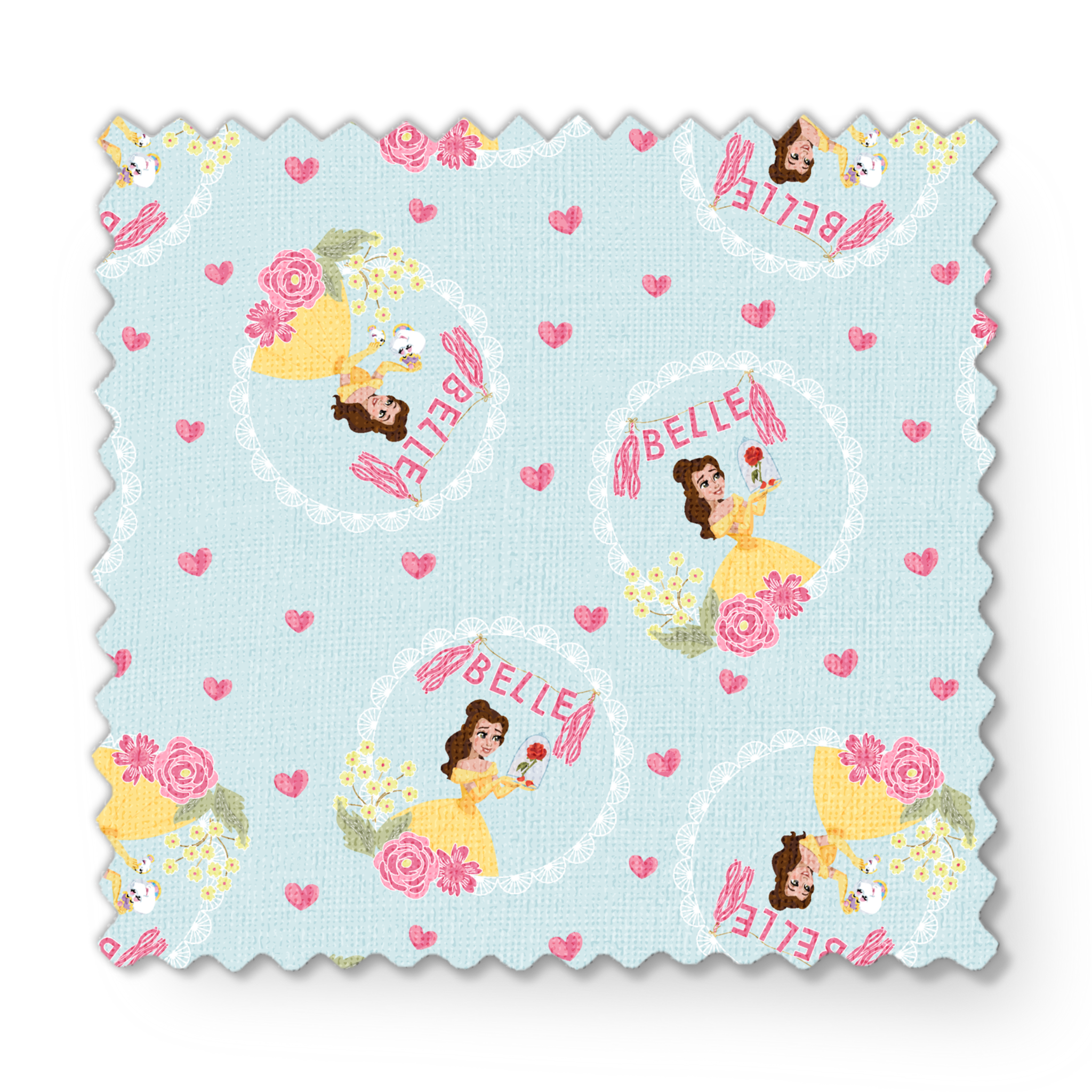 Princess Belle pattern with yellow dress, "Belle" text, hearts, and flowers on light blue background fabric swatch mockup