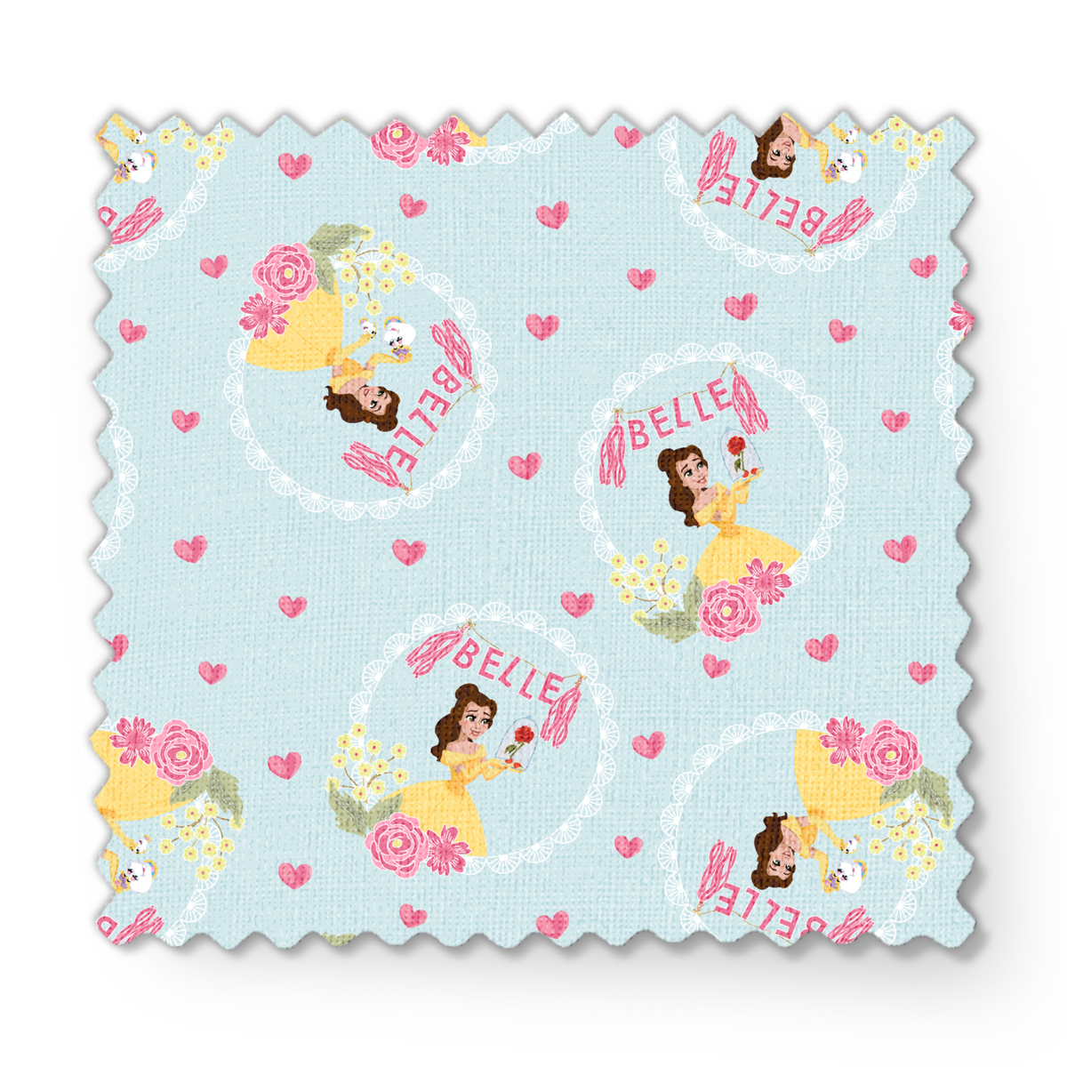 Princess Belle pattern with yellow dress, "Belle" text, hearts, and flowers on light blue background fabric swatch mockup