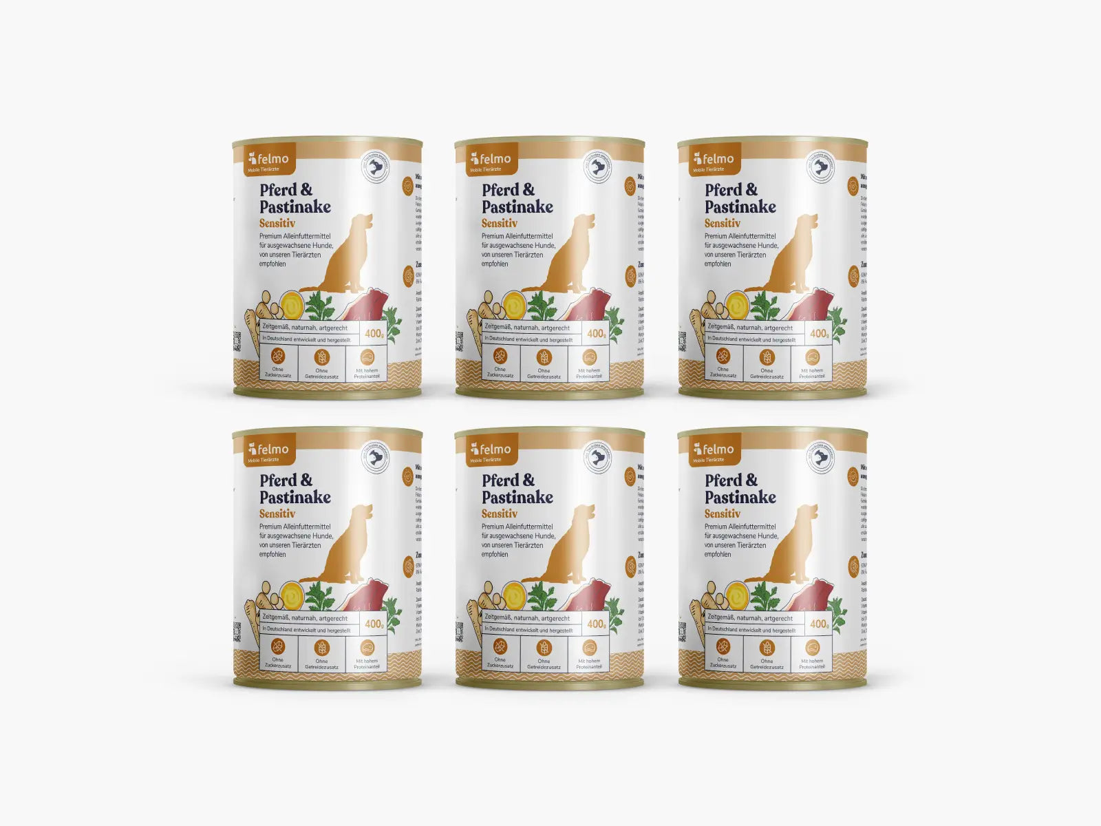 felmo 6 x Nassfutter mit Pferd & Pastinake Sensitiv für Hunde, Vorderansicht der Verpackung