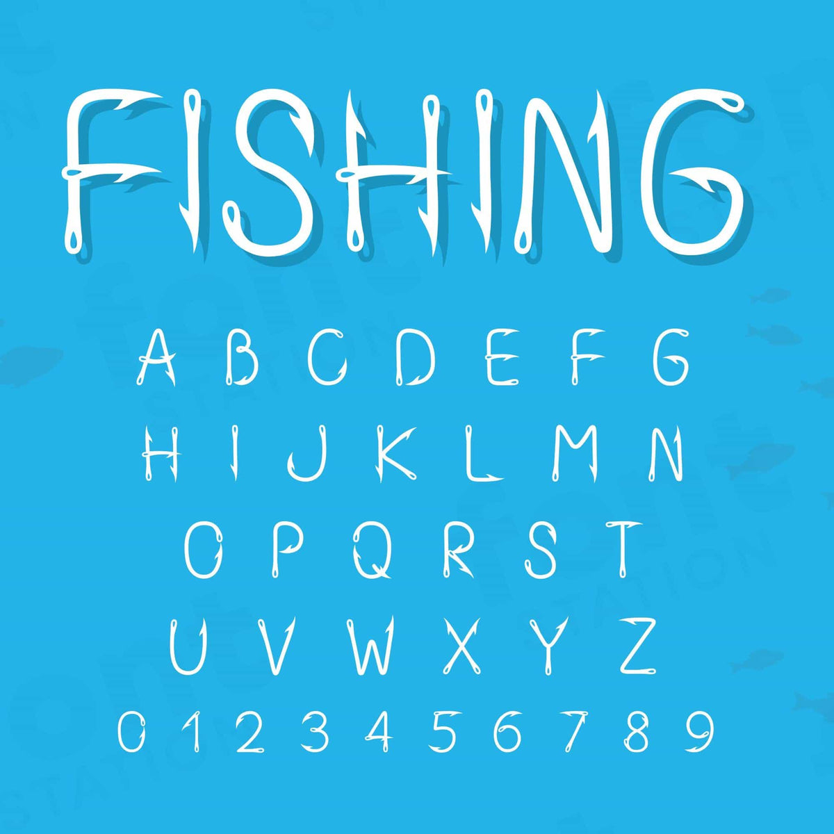 Image showing all characters available in the Fishing Hook font created by FontStation.