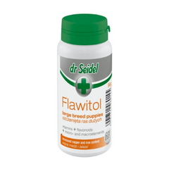 A bottle of Dr Seidel Flawitol Tablets for Large Breed Puppies, with a green and white label, 60 tablets indicated.