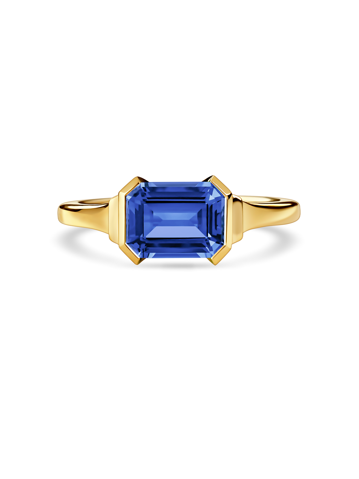 east west lab grown sapphire engagement ring in 18k yellow gold front view. made with recycled precious metals and lab grown gemstones