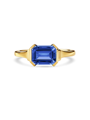 east west lab grown sapphire engagement ring in 18k yellow gold front view. made with recycled precious metals and lab grown gemstones