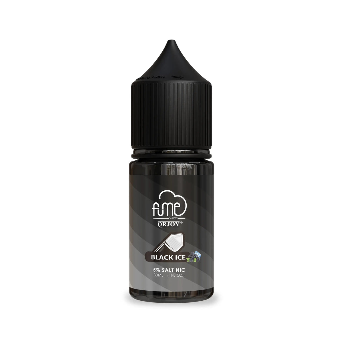 Black glass bottle of fume e-liquid orjoy black ice 5 percent salt nicotine with black ribbed cap 30ml capacity