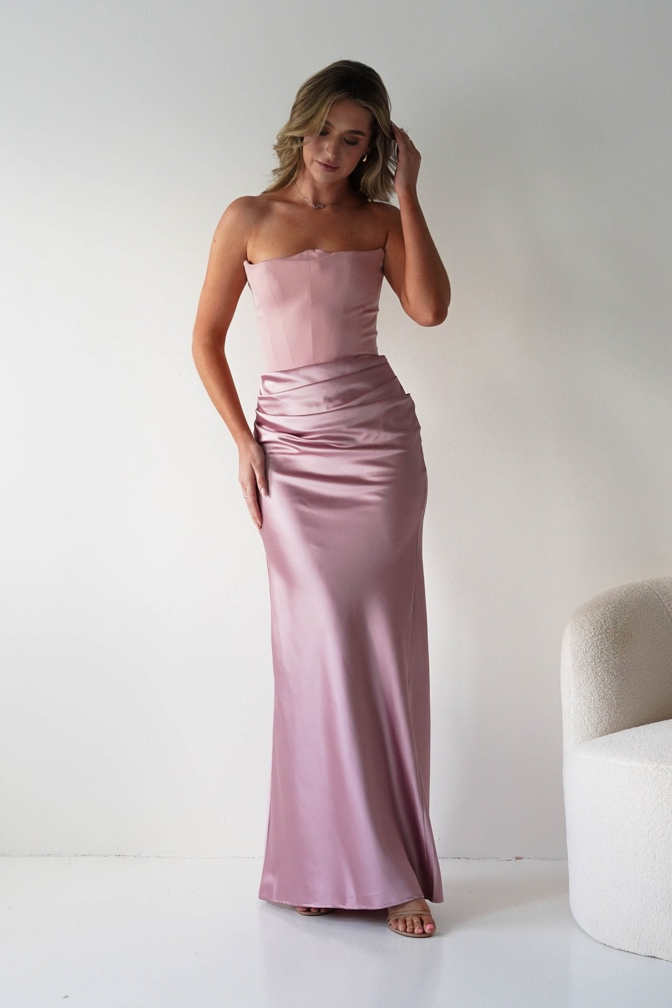 Giselle Corset Satin Maxi Dress Blush | Wedding Guest Dress | Corset Bodice | Maxi | Oh Hello Clothing
