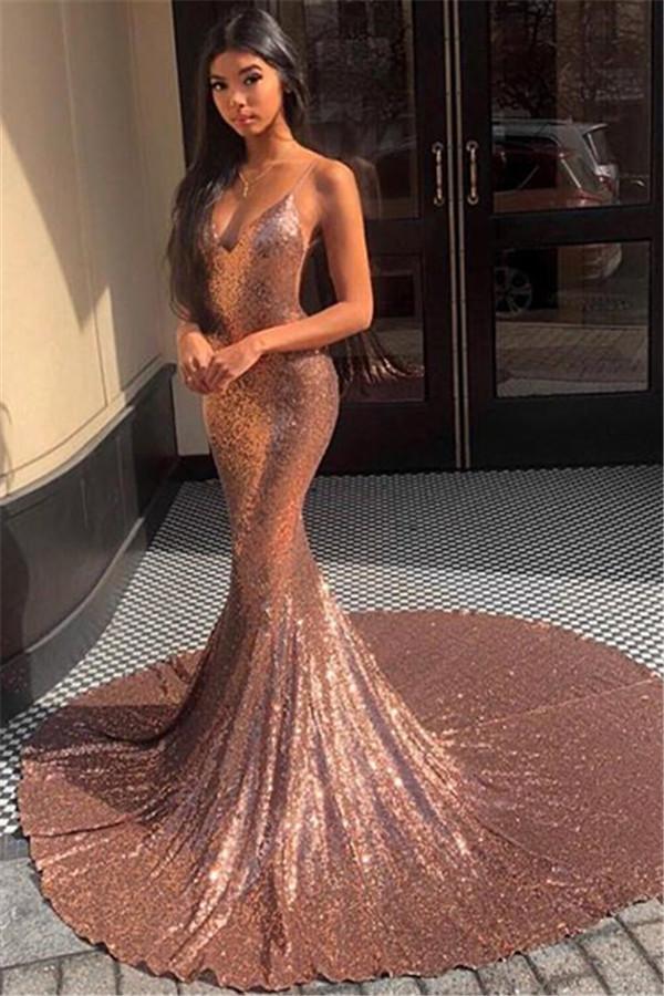 Glamorous Spaghetti-Straps Sequins Mermaid Formal Dresses-Dbrbridal