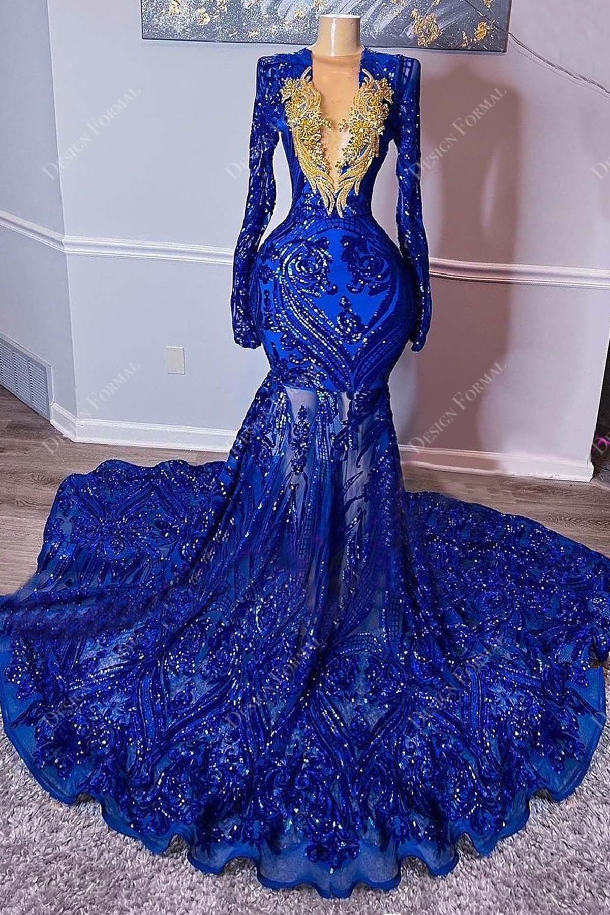 Gold Beaded Applique Royal Blue Sequin Mermaid Prom Dress