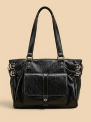Grand Sac de Cours Cuir Vegan Matelassé Boucles Noir