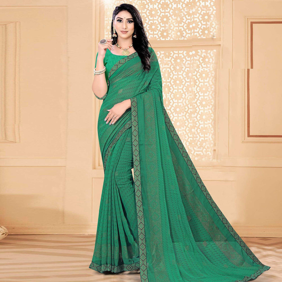 Green Festive Wear Printed With Lace Work Chiffon Designer Saree - Peachmode