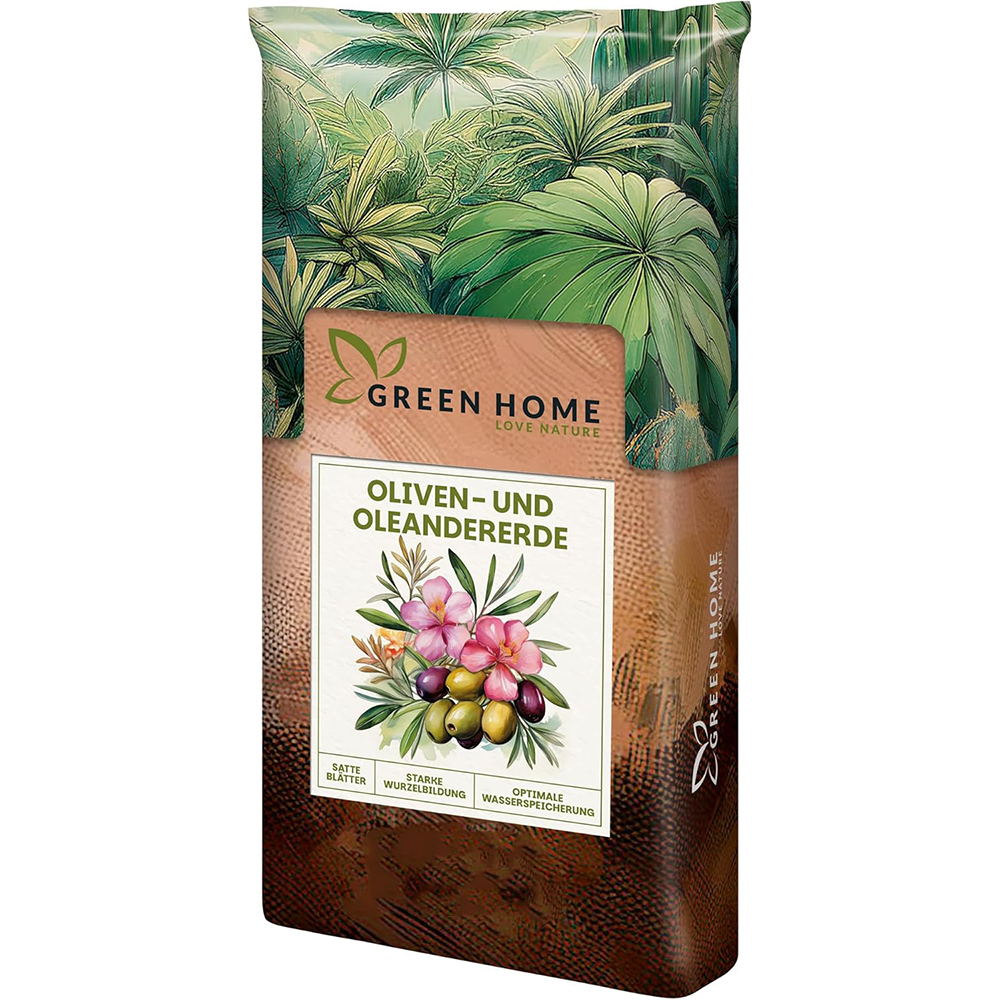 Green Home Oliven- und Oleandererde in aufrechter Verpackung mit mediterranem Pflanzenmotiv und Produktetikett