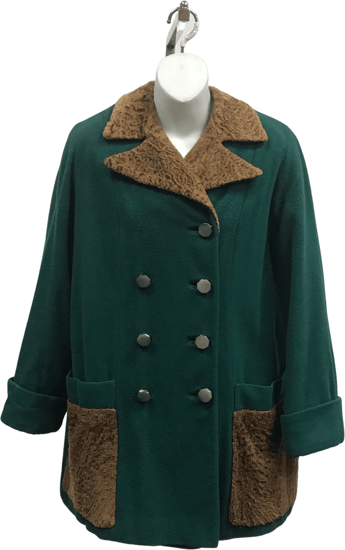 Green Button Up Fur Trim Coat with Pockets by Rothmoor