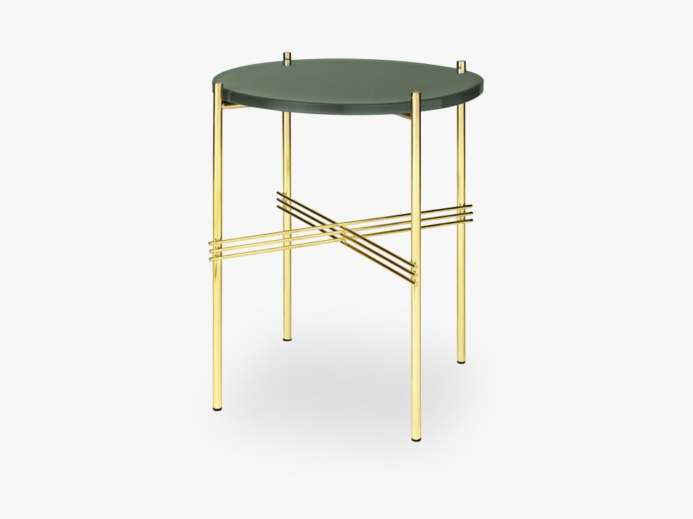 TS Coffee Table - Dia 40 Brass base, glass dusty green top