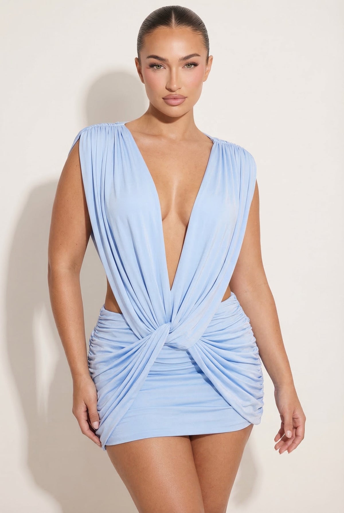 A&A Elowyn Ruched Draped Plunge Neck Mini Dress
