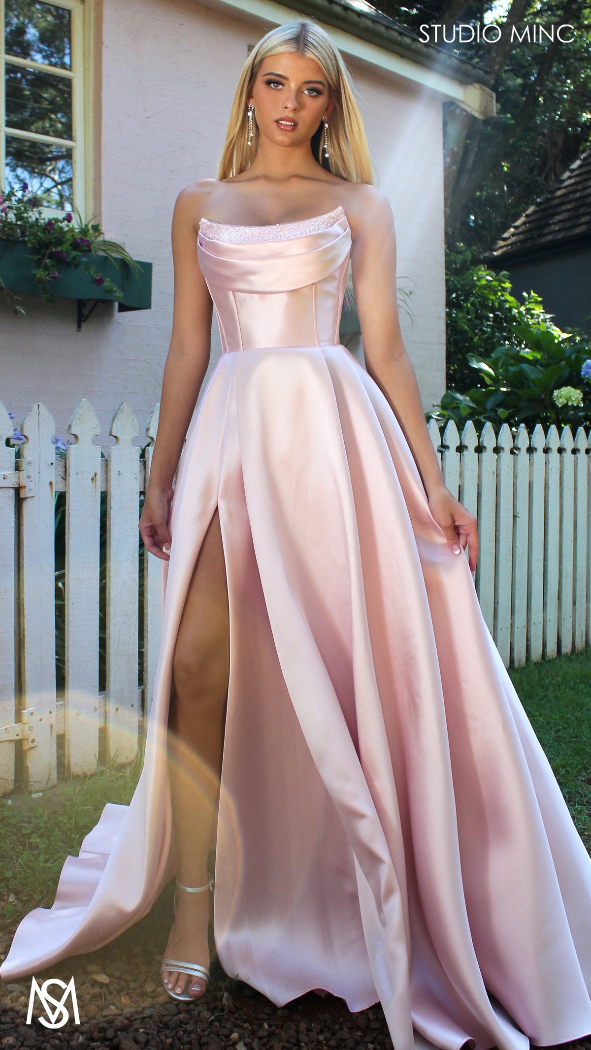 Honey - Light Pink formal Dress | Strapless corset pearl detail Mikado satin ball gown