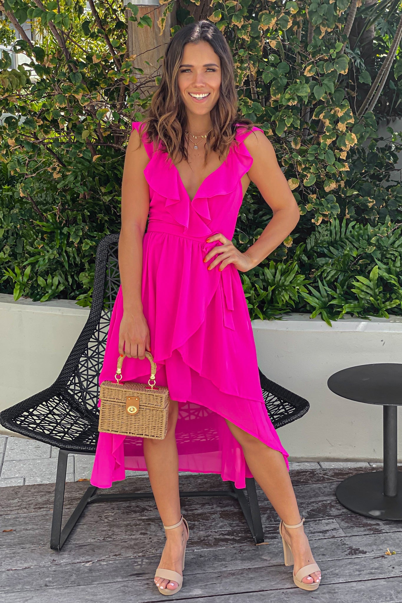 hit pink ruffled high low dress