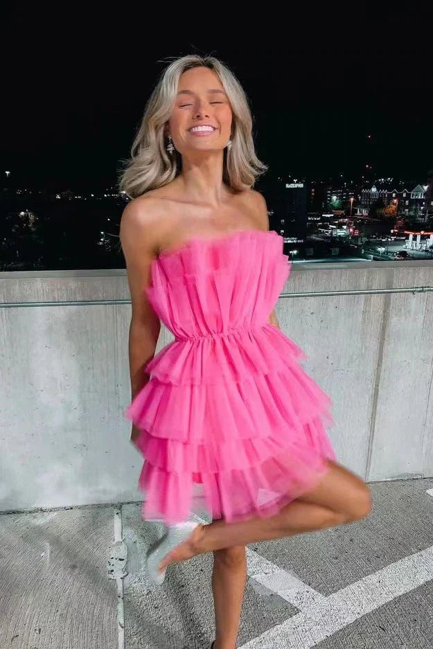 Hot Pink Homecoming Dress - Strapless A-Line Short Party Dress