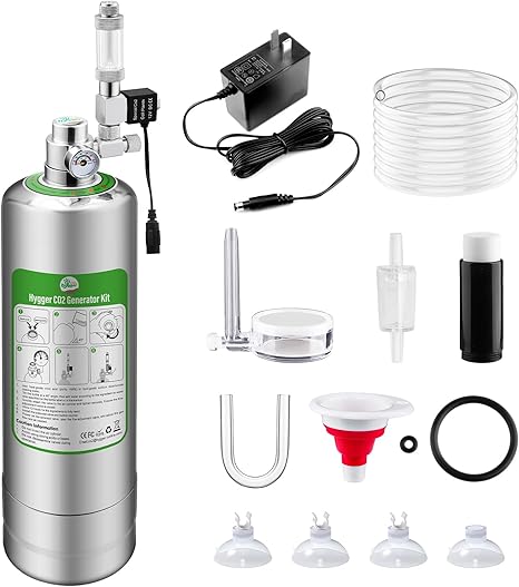 Hygger CO2 Generator Kit with 2L tank for aquarium plant growth, featuring hoses and regulator components.