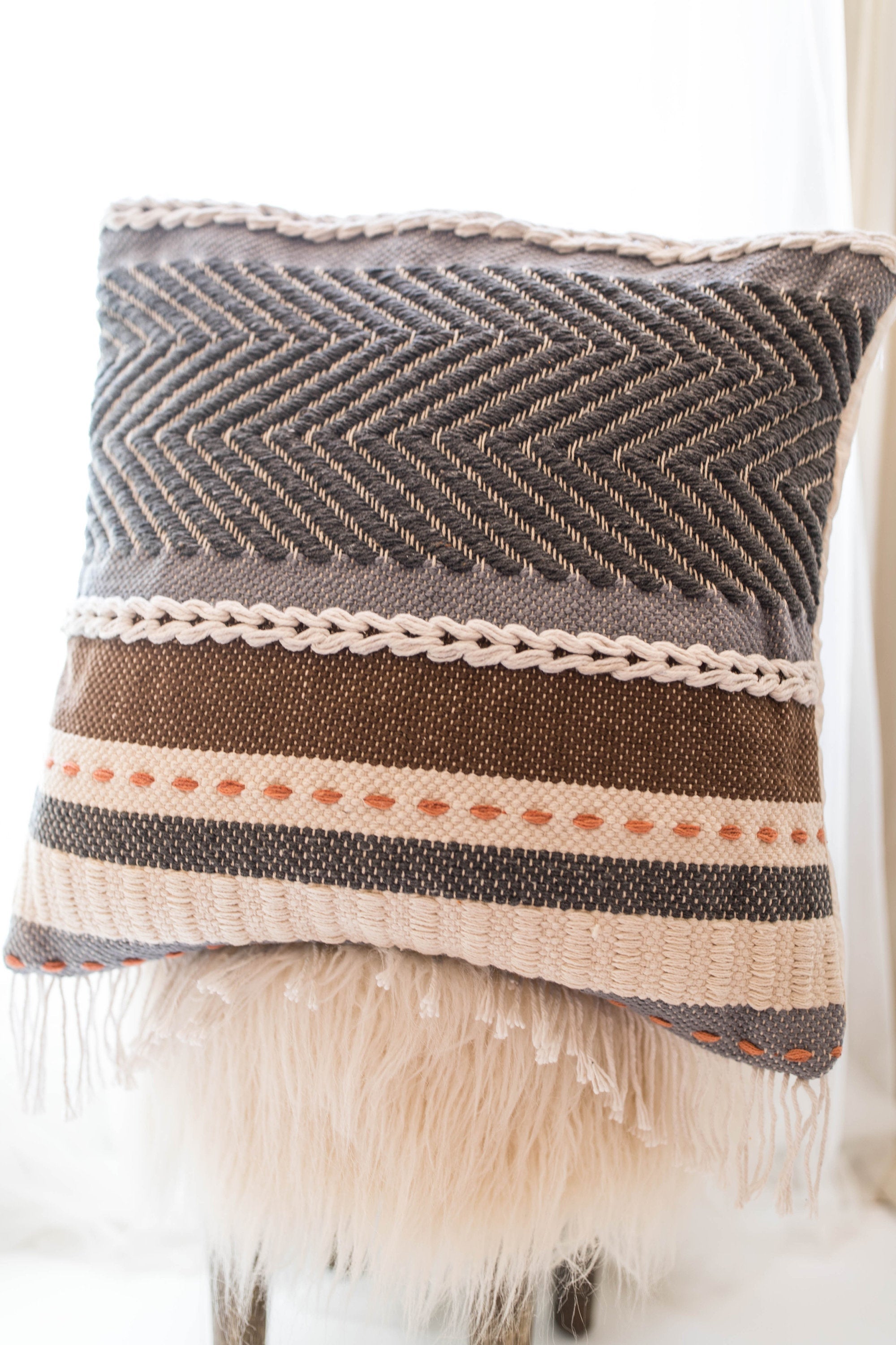 NEVADA GRAY AND TAUPE WOVEN PILLOW COVER-PILLOWS-BRAIDED CROWN