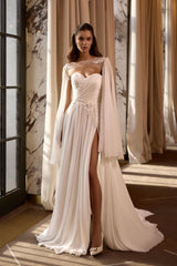 Elegant Wedding Dress, Sweetheart Neckline, A-line Silhouette, Chiffon Skirt with Slit, Romantic Bridal Gown for Bohemian Weddings