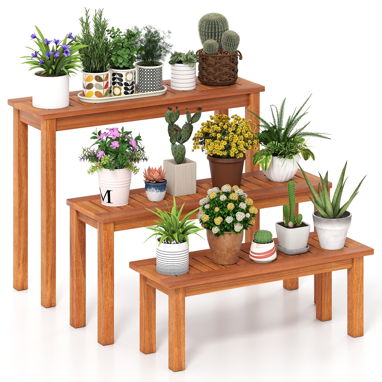 Tangkula Wooden Plant Stand Set of 3 for Patio Garden Entryway Front Porch