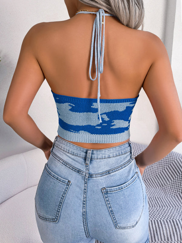 Cow Pattern Waist Sling Cropped Knitted Sweater BLUE ZONE PLANET
