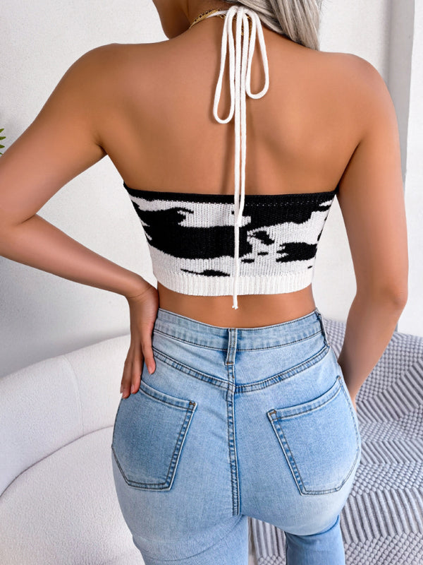 Cow Pattern Waist Sling Cropped Knitted Sweater BLUE ZONE PLANET