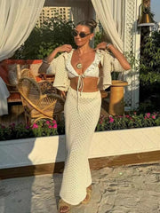 Knitted Crochet Multicolor Cardigan Button Skirt All-match Set Dress-TOPS / DRESSES-[Adult]-[Female]-2022 Online Blue Zone Planet