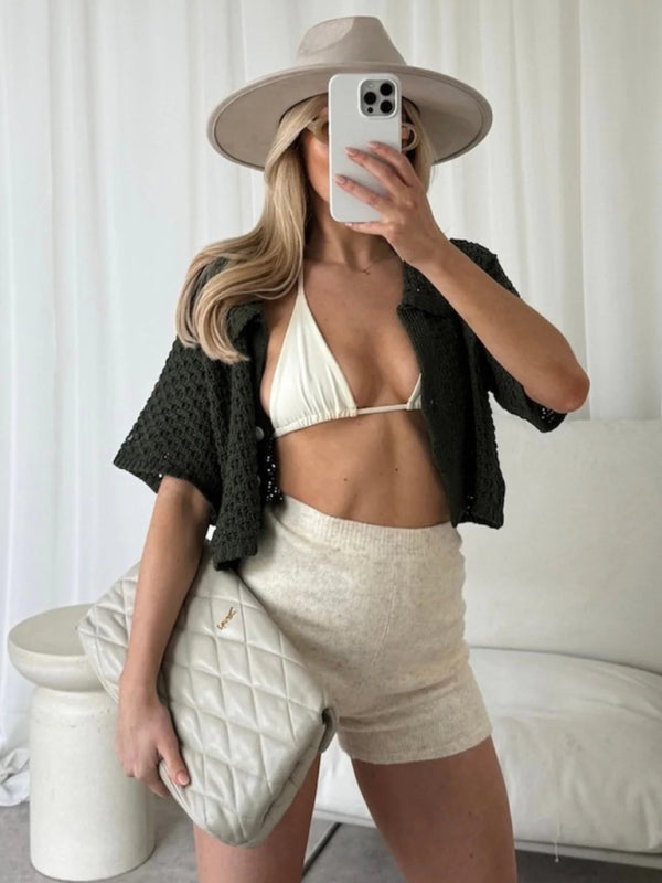 Knitted Crochet Multicolor Cardigan Button Skirt All-match Set Dress-TOPS / DRESSES-[Adult]-[Female]-2022 Online Blue Zone Planet