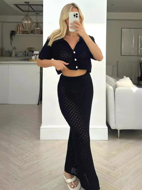 Knitted Crochet Multicolor Cardigan Button Skirt All-match Set Dress-TOPS / DRESSES-[Adult]-[Female]-Black-S-2022 Online Blue Zone Planet