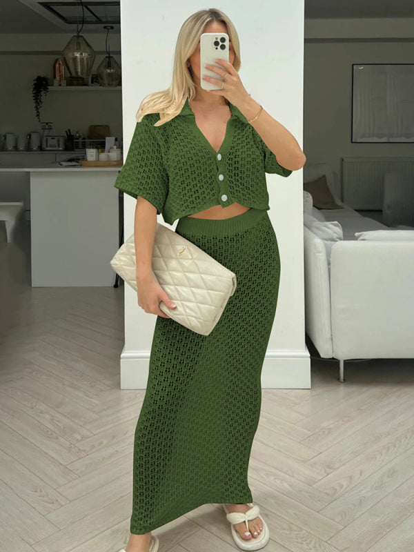 Knitted Crochet Multicolor Cardigan Button Skirt All-match Set Dress-TOPS / DRESSES-[Adult]-[Female]-Green-S-2022 Online Blue Zone Planet