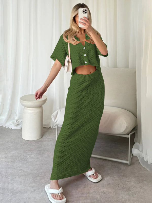 Knitted Crochet Multicolor Cardigan Button Skirt All-match Set Dress-TOPS / DRESSES-[Adult]-[Female]-2022 Online Blue Zone Planet