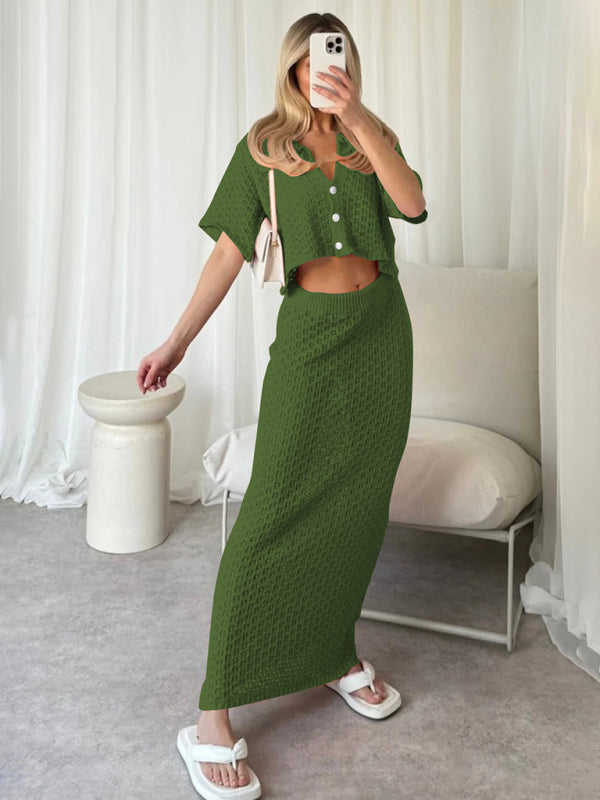 Knitted Crochet Multicolor Cardigan Button Skirt All-match Set Dress-TOPS / DRESSES-[Adult]-[Female]-2022 Online Blue Zone Planet