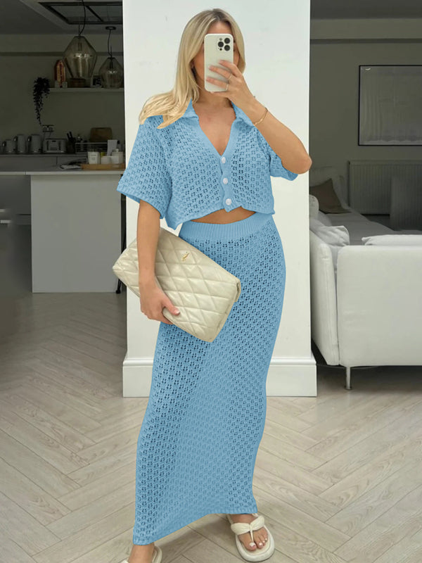 Knitted Crochet Multicolor Cardigan Button Skirt All-match Set Dress-TOPS / DRESSES-[Adult]-[Female]-2022 Online Blue Zone Planet
