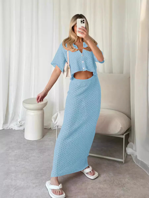 Knitted Crochet Multicolor Cardigan Button Skirt All-match Set Dress-TOPS / DRESSES-[Adult]-[Female]-Clear blue-S-2022 Online Blue Zone Planet
